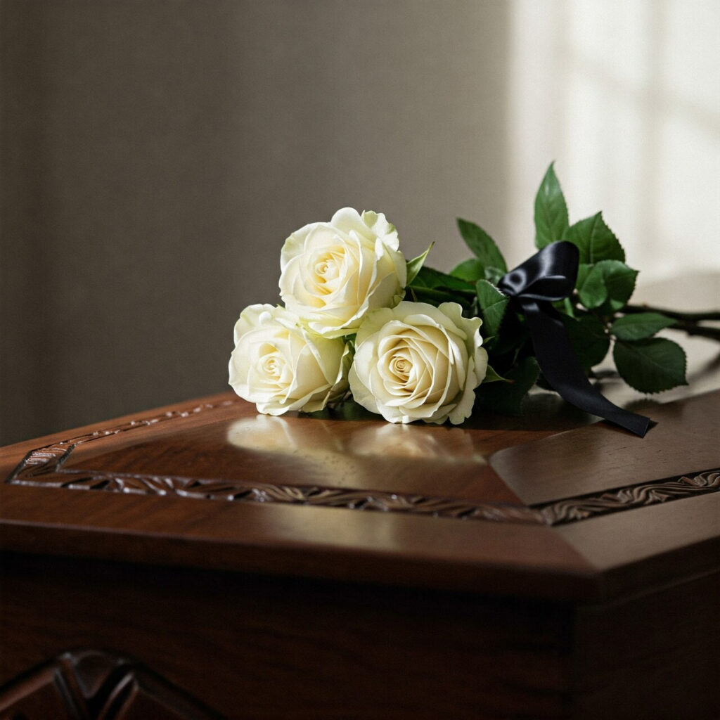 minimalistyczny bukiet z trzech białych róż i czarnej wstążki na kremację